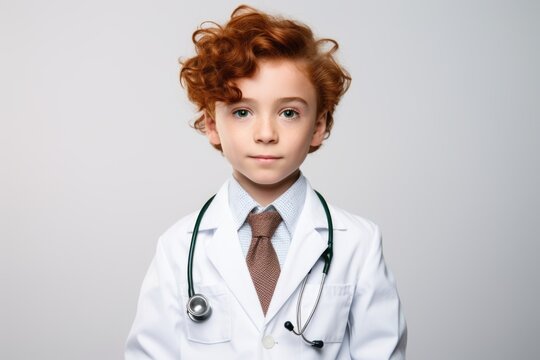 A young boy dressed in a doctor's coat and tie. This image can be used to depict a child playing doctor or to represent aspirations of becoming a medical professional.