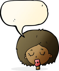 cartoon woman with eyes closed with speech bubble