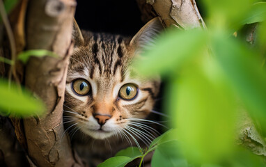 A brown cat in close-up amidst the green leaves of a tree. Cat hiding between leaves from curious eyes full of caution.