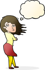 cartoon woman making photo face with thought bubble