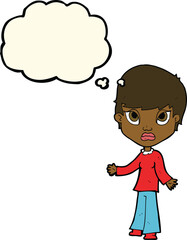 cartoon woman shrugging shoulders with thought bubble