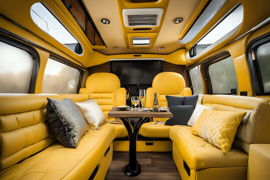 Luxury camper van interior with premium leather in elegant yellow style with champagne. Close up