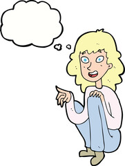 cartoon happy woman sitting and pointing with thought bubble