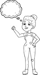 freehand drawn thought bubble cartoon woman in dungarees