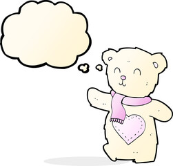 cartoon white teddy bear with love heart with thought bubble