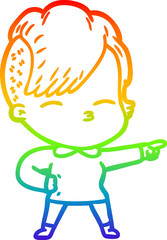 rainbow gradient line drawing of a cartoon squinting girl