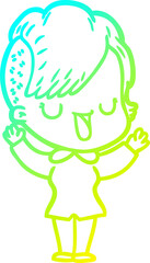 cold gradient line drawing of a cute cartoon girl with hipster haircut