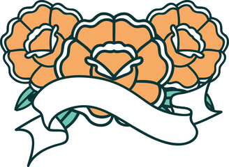 traditional tattoo with banner of a bouquet of flowers