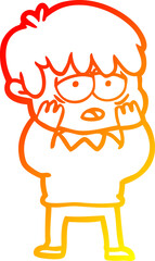 warm gradient line drawing of a cartoon exhausted boy