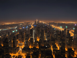 Paisaje de una ciudad vista desde arriba a la noche con las luces encendidas. IA Generativa