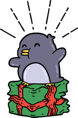 illustration of a traditional tattoo style penguin sitting on present