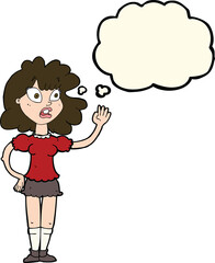 cartoon worried woman waving with thought bubble