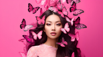 Art portrait of an Asian girl with pink butterflies in her hair and  makeup, fantasy style on a studio pink background with copy space. The concept of naturalness of cosmetic products and cosmetology.