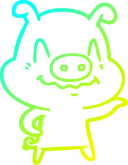cold gradient line drawing of a nervous cartoon pig
