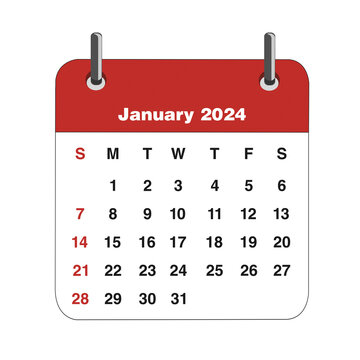 Calendario Mes Enero del 2024. sobre un fon do blanco aislado. Vista de frente y de cerca