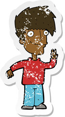 retro distressed sticker of a cartoon man giving peace sign