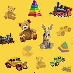 Seamless pattern, children's toys. Toys seamless pattern. Children's toys. A set of children's toys for the little ones