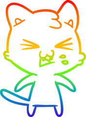 rainbow gradient line drawing of a cartoon cat hissing