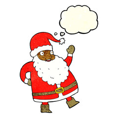 funny waving santa claus cartoon with thought bubble