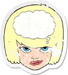 retro distressed sticker of a cartoon woman thinking