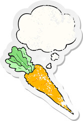 cartoon carrot with thought bubble as a distressed worn sticker