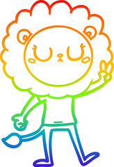 rainbow gradient line drawing of a cartoon lion giving peac sign