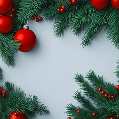Naklejka na ściany i meble Christmas Background With Fir Twigs And Red Balls Generative Ai