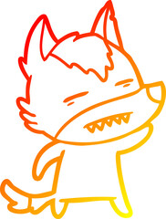 warm gradient line drawing of a cartoon wolf waving showing teeth