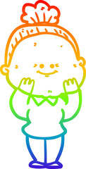 rainbow gradient line drawing of a cartoon happy old woman