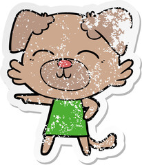 distressed sticker of a cartoon dog in dress pointing
