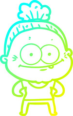 cold gradient line drawing of a cartoon happy old woman