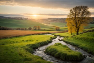 A lush, rolling landscape with a gentle stream meandering through vibrant green pastures. Generative Ai.