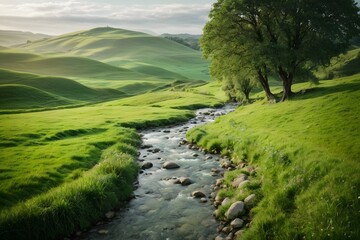 A lush, rolling landscape with a gentle stream meandering through vibrant green pastures. Generative Ai.