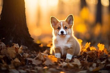 Home pet, cute corgi puppy lies in the autumn leaves in the park. Walking in the fresh air with your favorite pet. Caring for pets.Close-up. Copy space. Generative AI.