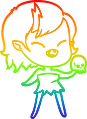 rainbow gradient line drawing of a cartoon laughing vampire girl with skull