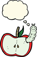 cartoon apple with bug with thought bubble
