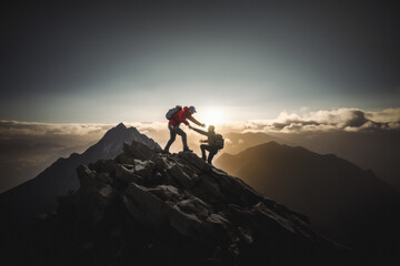 Two mountaineers reach the summit of a mountain, overcoming all obstacles with determination and successfully achieving their goal, celebrating the accomplishments and objectives they've attained - obrazy, fototapety, plakaty