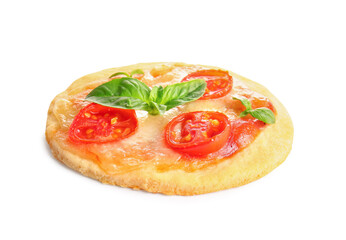 Tasty mini pizza on white background