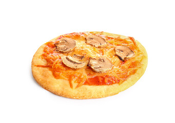 Tasty mini pizza on white background