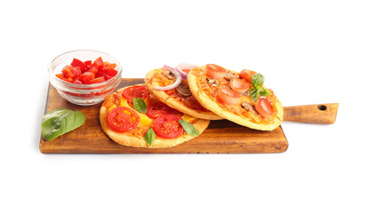 Board with different tasty mini pizzas and ingredients on white background
