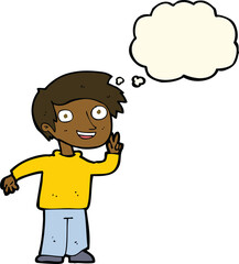 cartoon boy posing for photo with thought bubble