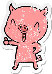 distressed sticker of a happy cartoon pig
