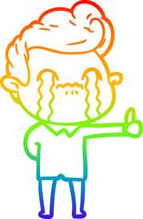 rainbow gradient line drawing of a cartoon man crying