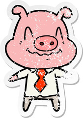 distressed sticker of a nervous cartoon pig boss