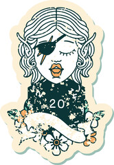 Retro Tattoo Style elf rogue character with natural twenty dice roll