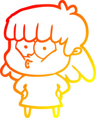 warm gradient line drawing of a cartoon whistling girl