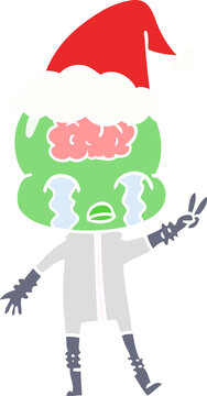 hand drawn flat color illustration of a big brain alien crying and giving peace sign wearing santa hat