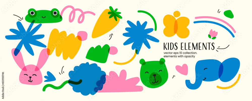 Poster a set of trendy children's items with animals. and natural objects. bright colors with an overlay. d