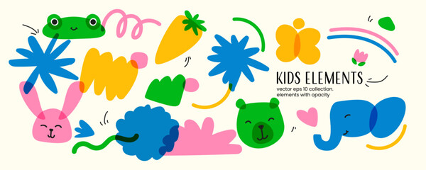 A set of trendy children's items with animals. and natural objects. Bright colors with an overlay. Drawing with marker or riso print. Vector contemporary illustration.
