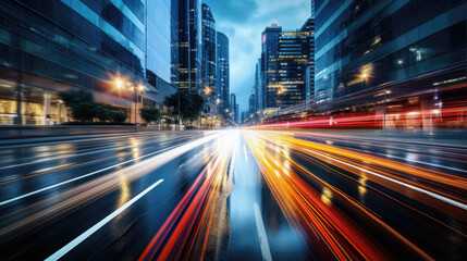 High speed urban traffic on a city street during evening rush hour, car headlights and busy night transport captured by motion blur lighting effect and abstract long exposure photography - obrazy, fototapety, plakaty